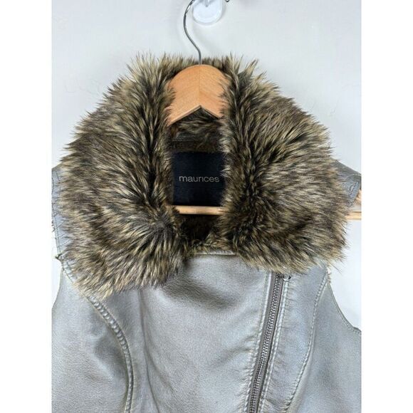 Maurice's Faux Leather Fur Asymmetrical Gun Metal Green Vest Jacket Womens Small - Picture 3 of 10